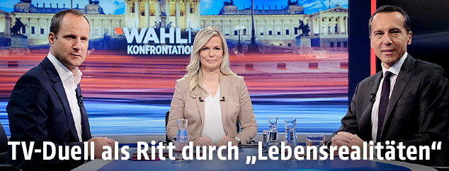 NEOS Parteichef Matthias Strolz,  Moderatorin Claudia Reiterer und SPÖ-Chef Christian Kern
