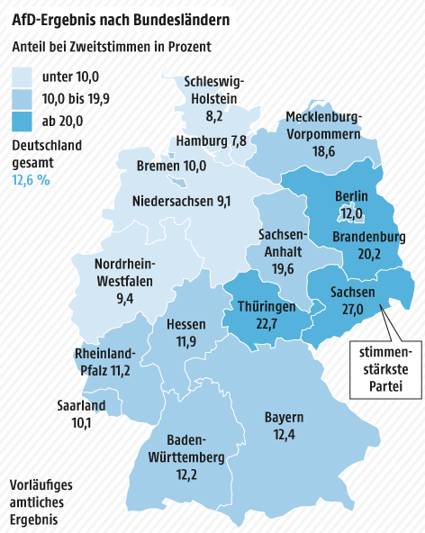 © Grafik: APA/ORF.at; Quelle: APA/Wahlbehörde Karte zeigt AfD-Stimmen in den Bundesländern
