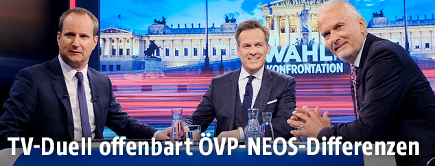 Matthias Strolz (NEOS), Moderator Tarek Leitner und Josef Moser (ÖVP)