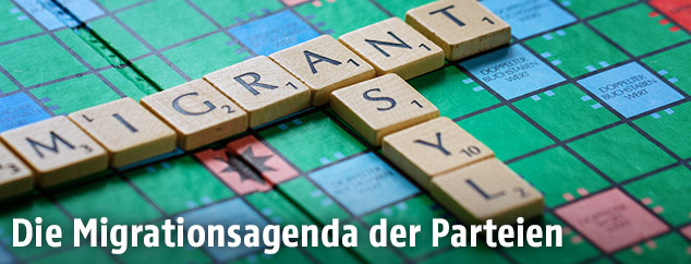 Buchstaben auf einem Scrabble-Spielbrett bilden die Wörter "Migration" und "Asyl"