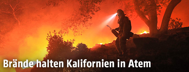 Feuerwehrmann vor einem brennenden Wald