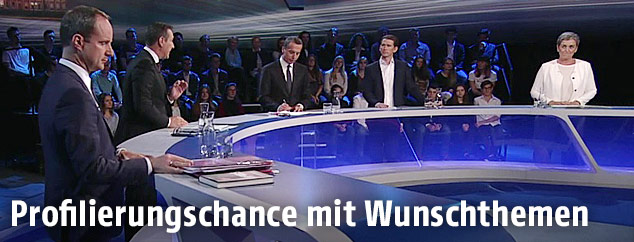 Matthias Strolz (NEOS), Heinz-Christian Strache (FP&Ouml;), Christian Kern (SP&Ouml;), Sebastian Kurz (&Ouml;VP) und Ulrike Lunacek (Gr&uuml;ne)