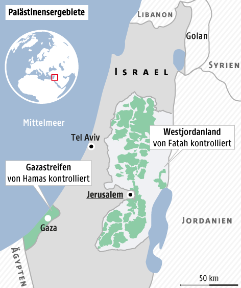 © Grafik: APA/ORF.at Karte zu den Palästinensergebieten