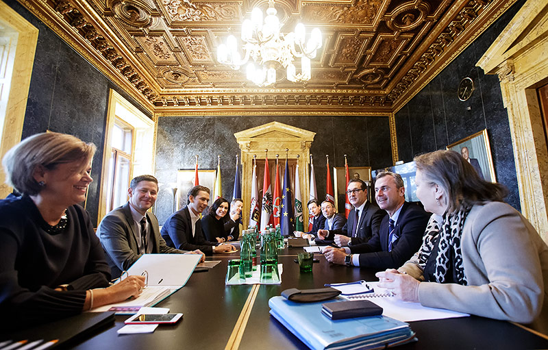 © APA/Georg Hochmuth Die Koalitionsverhandlungsteams der FPÖ und ÖVP im Palais Epstein