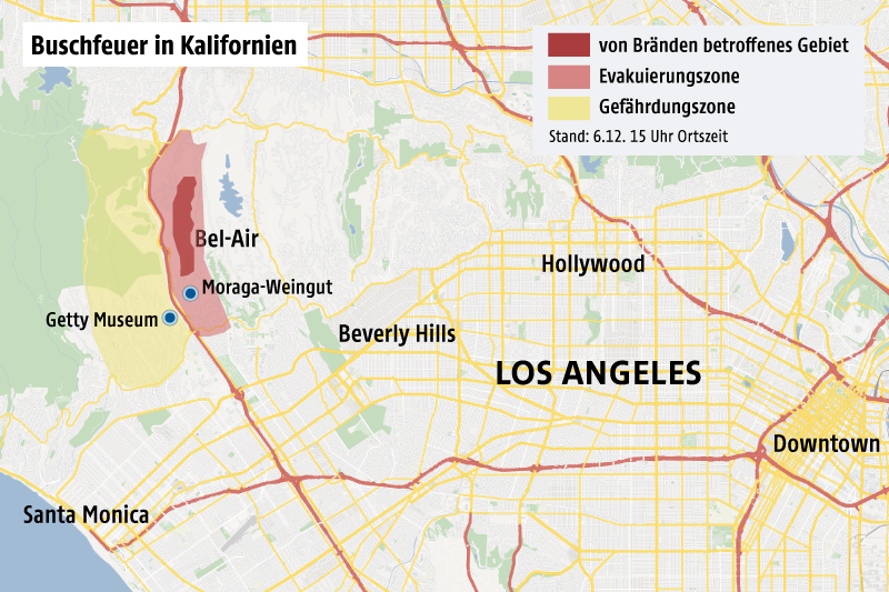© Grafik: OSM/ORF.at; Quelle: Los Angeles Fire Department Karte zeigt das von Buschfeuern betroffene Gebiet in Kalifornien