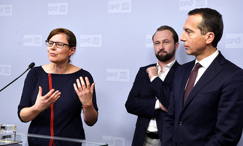 © APA/Herbert Pfarrhofer SPÖ-Parteichef Christian Kern, Bundesgeschäftsführer Max Lercher und Stellvertreterin Andrea Brunner