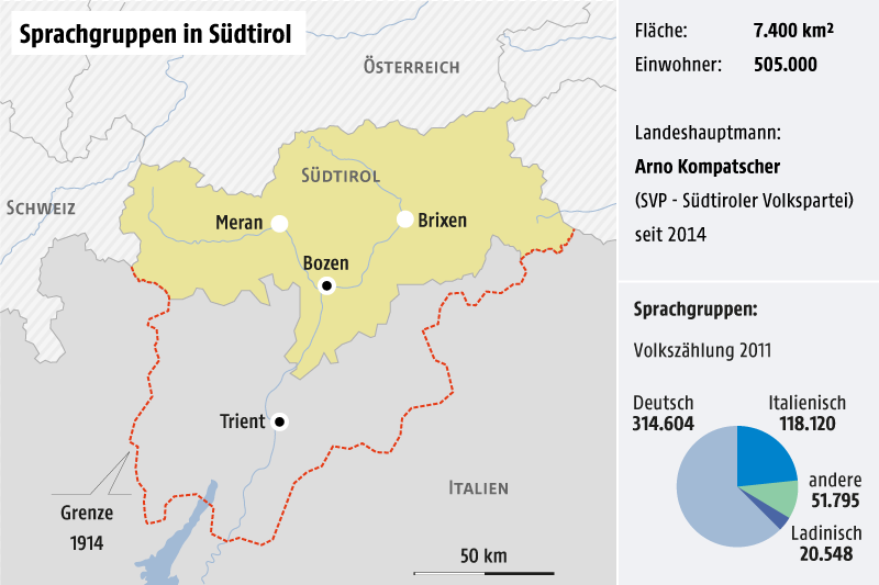 © Grafik: APA/ORF.at; Quelle: APA/ Südtirol in Zahlen Karte von Südtirol und Eckdaten der Region