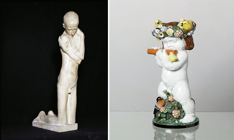 © Leopold Museum, Wien, Inv. 4596; Leopold Museum, Wien, Inv.Nr. 4292 George Minne, Kniender Knabe, 1897; Michael Powolny, Flötender Putto, um 1910