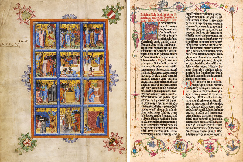 © Österreichische Nationalbibliothek (Montage) Evangeliar des Johannes von Troppau, Handschrift, 1368 und Gutenberg-Bibel, Druck von Johannes Gutenberg, um 1454