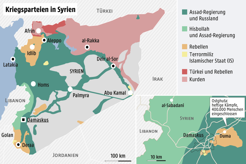 © Grafik: APA/ORF.at; Quelle: APA/BBC/Institute for the Study of War/liveuamap.com Karte von Syrien mit den umkämpften Gebieten