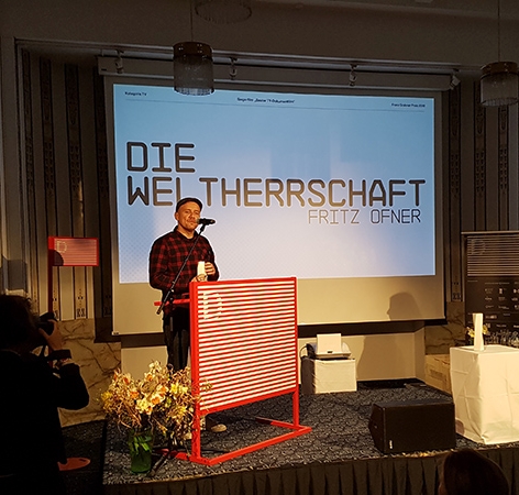 © ORF.at/Philip Pfleger Fritz Ofner bei der Entgegennahme des Franz-Grabner-Preises 2018 im Rahmen der Diagonale in Graz.