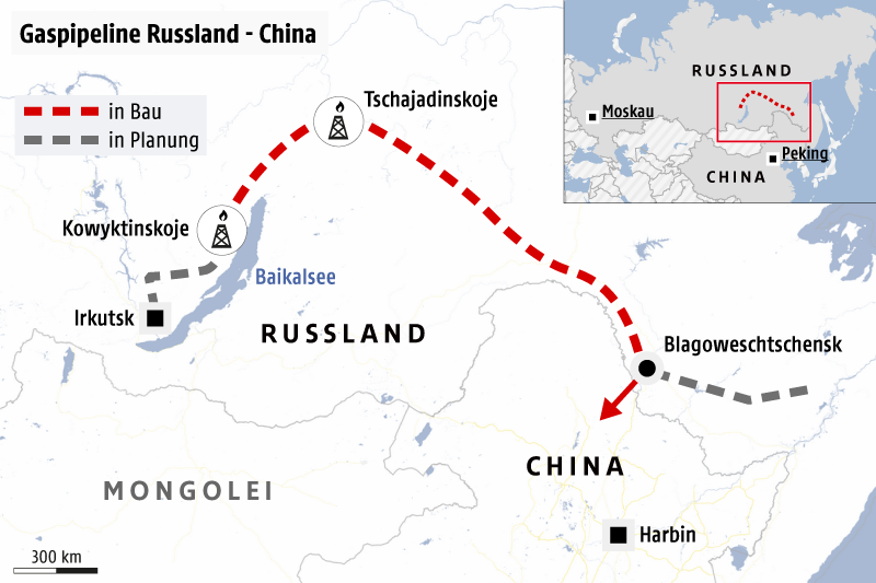 © Grafik: OSM/ORF.at; Quelle: Gasprom Karte zeigt die in Bau befindliche Gaspipeline zwischen Russland und China