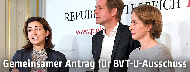 Alma Zadic (Liste Pilz), Kai Jan Krainer (SP&Ouml;) und Stephanie Krisper (NEOS)