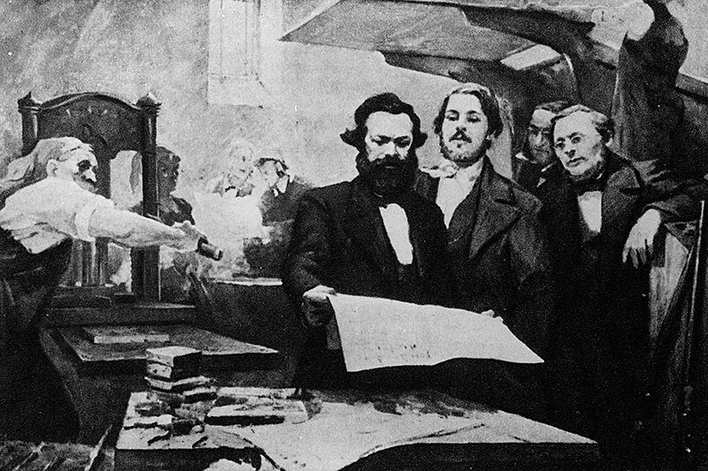 © picturedesk.com/Ullstein Bild Zeichnung von Marx und Engels in einer Druckerei