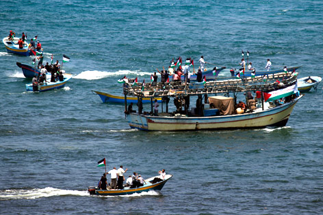© APA/AFP/Thomas Coex Palestinensische Aktivisten auf Fischerbooten