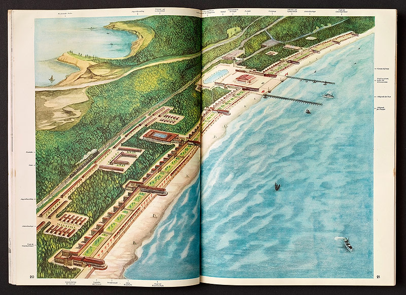 © Deutsches Historisches Museum, Berlin Doppelseite aus der Zeitschrift »die neue linie« vom Juni 1938 mit einer Ansicht des KdF-Bades Prora auf Rügen, Gerda Rotermund (Grafik)