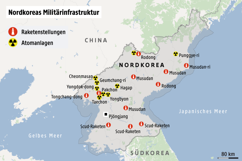 © Grafik: Omniscale/ORF.at; Quelle: New York Times/RAND Corporation Karte zeigt Nordkoreas Militärinfrastruktur
