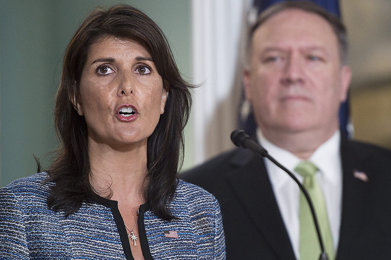 © APA/AFP/Andrew Caballero-Reynolds Nikki Haley und Mike Pompeo