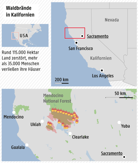 © Grafik: APA/ORF.at; Quelle: APA/CalTopo Grafik zu Waldbränden in Kalifornien