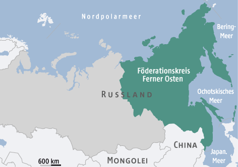 © Grafik: APA/ORF.at Karte von Russland mit Augenmerk auf den Föderationskreis Ferner Osten